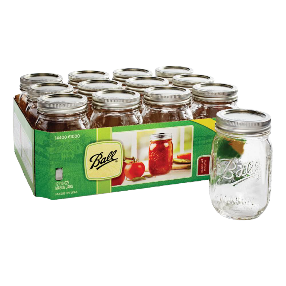 Case of clear regular-mouth canning jars with metal lids, featuring classic embossed logo and packaging highlighting use for food preservation, Kitchen & Food, and USA Made collections.