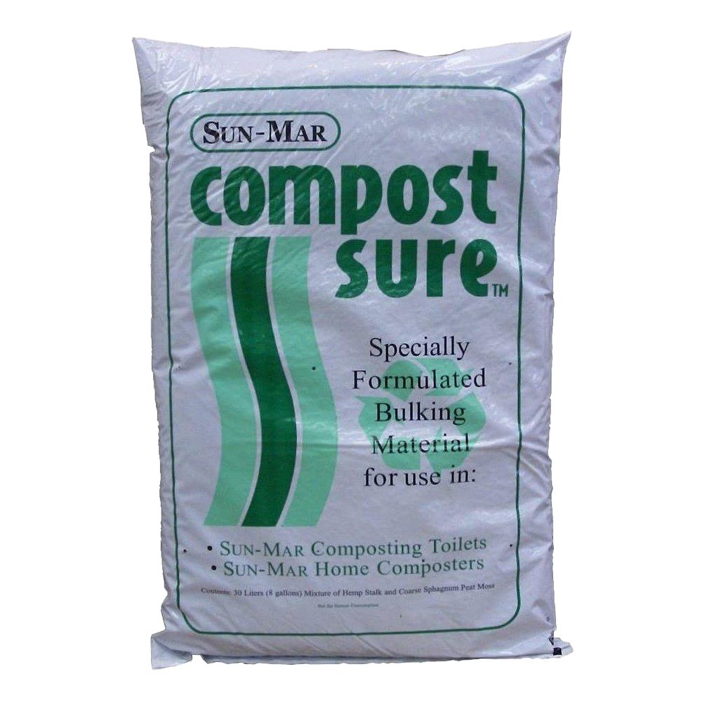 White bag of bulking material made from a peat moss and hemp blend, designed for use with composting toilets, featured in Appliances, Composting Toilets, and Best Sellers collections.