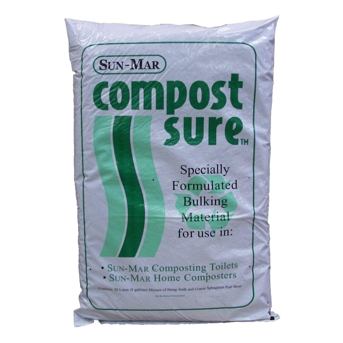 White bag of bulking material made from a peat moss and hemp blend, designed for use with composting toilets, featured in Appliances, Composting Toilets, and Best Sellers collections.