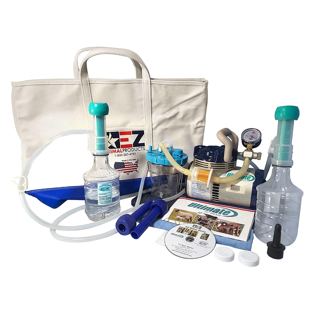 Complete livestock milking machine kit with silicone inserts, vacuum pump, milk collection containers, and instruction materials, ideal for Farm, Garden & Tool, Animal Care, and Best Sellers collections.