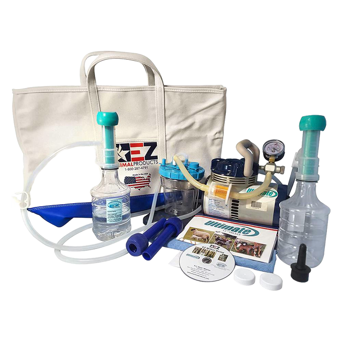 Complete livestock milking machine kit with silicone inserts, vacuum pump, milk collection containers, and instruction materials, ideal for Farm, Garden & Tool, Animal Care, and Best Sellers collections.