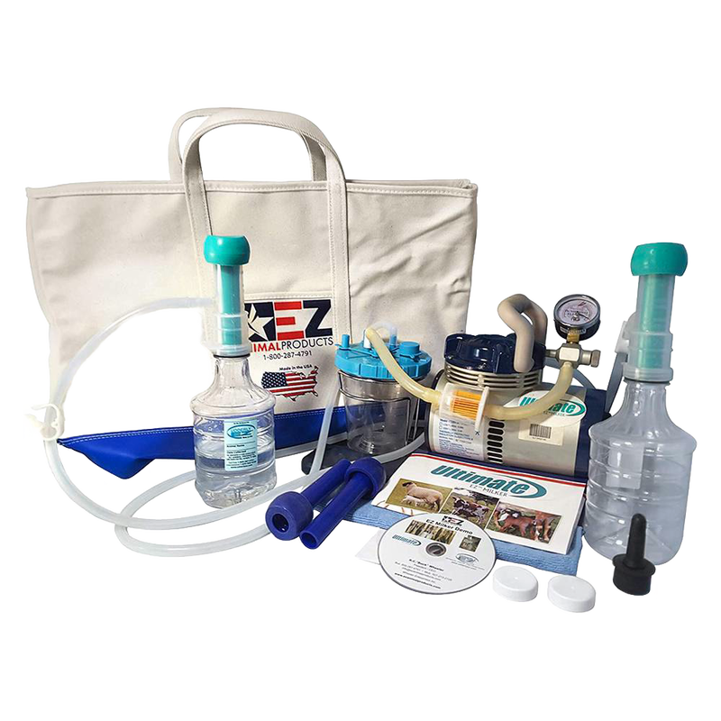 Complete livestock milking machine kit with silicone inserts, vacuum pump, milk collection containers, and instruction materials, ideal for Farm, Garden & Tool, Animal Care, and Best Sellers collections.