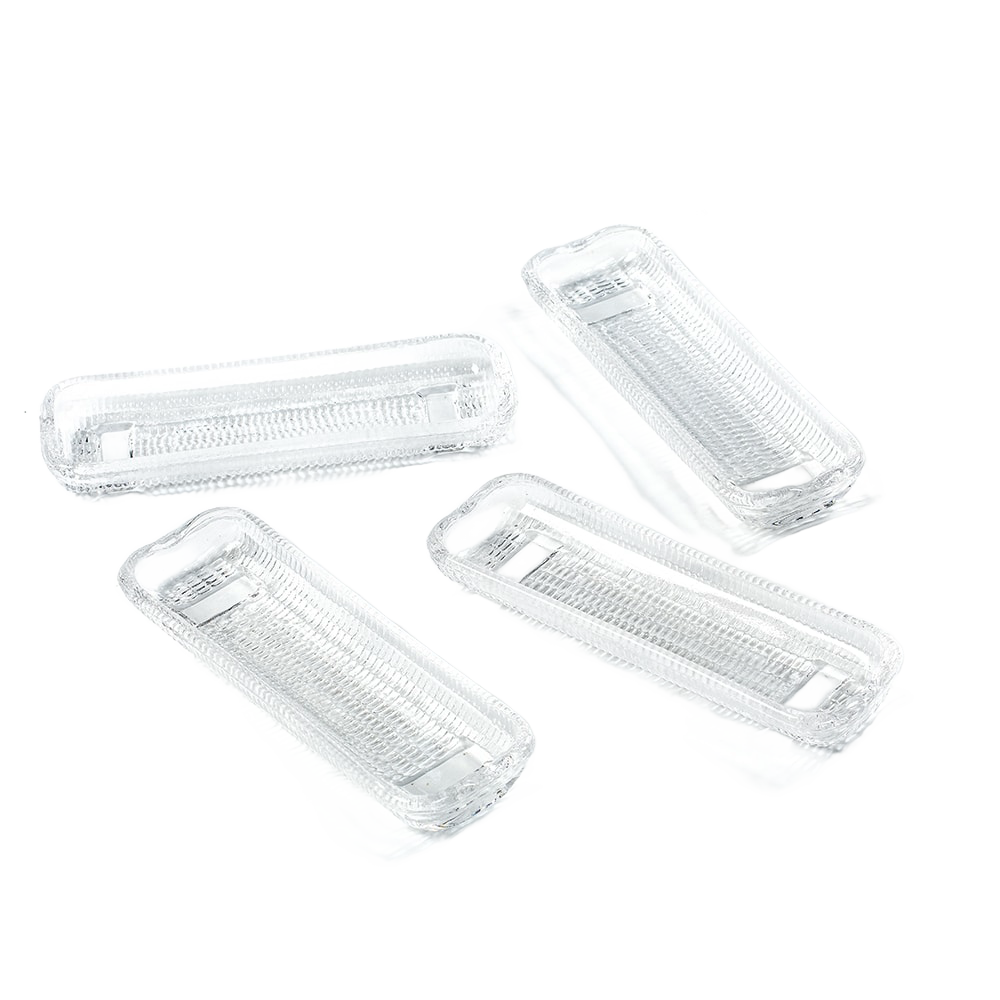 Set of four clear glass dishes with curved edges to securely hold ears of corn and catch melted butter, handcrafted for Kitchen & Food, Storage and Serving, Best Sellers, and Promo Eligible collections.