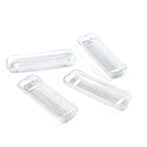 Set of four clear glass dishes with curved edges to securely hold ears of corn and catch melted butter, handcrafted for Kitchen & Food, Storage and Serving, Best Sellers, and Promo Eligible collections.