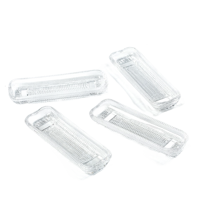 Set of four clear glass dishes with curved edges to securely hold ears of corn and catch melted butter, handcrafted for Kitchen & Food, Storage and Serving, Best Sellers, and Promo Eligible collections.