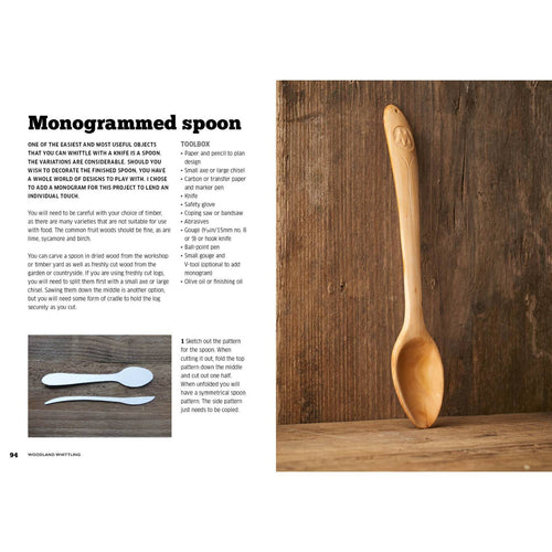 Open book spread showing instructions and materials list for carving a monogrammed wooden spoon, featuring a handcrafted wooden spoon with a carved monogram resting on a rustic wooden surface, part of Toys, Books & Games, Books, Home and Garden How-To Books, and Best Sellers collections.
