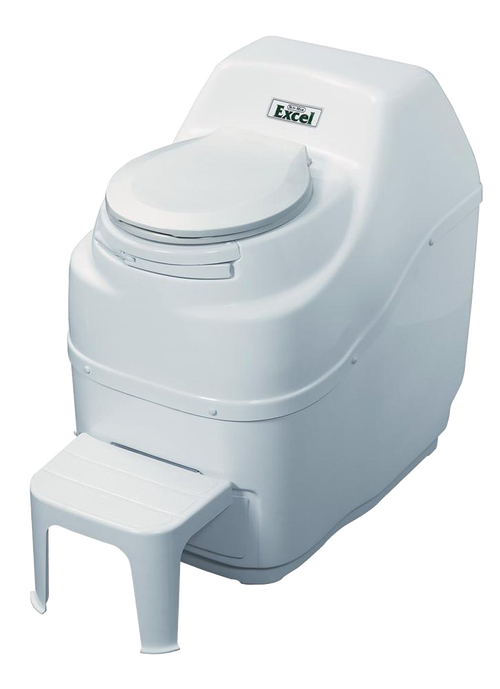 White high-capacity composting toilet with a built-in footrest, featuring easy installation and reliable odorless Bio-drum technology, ideal for appliances and composting toilet collections.