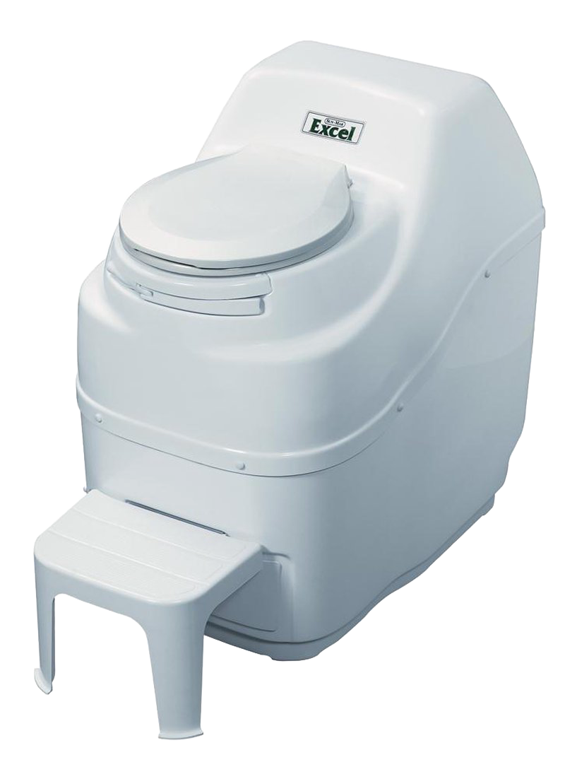 White high-capacity composting toilet with a built-in footrest, featuring easy installation and reliable odorless Bio-drum technology, ideal for appliances and composting toilet collections.