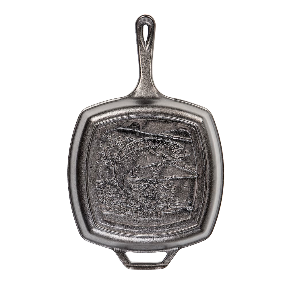Square cast iron grill pan with raised trout and river design in the cooking surface, part of Kitchen & Food, Stoves, Cookware, Cast Iron, USA Made, and Best Sellers collections.