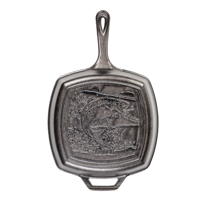 Square cast iron grill pan with raised trout and river design in the cooking surface, part of Kitchen & Food, Stoves, Cookware, Cast Iron, USA Made, and Best Sellers collections.