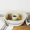 Handcrafted stoneware chicken cooker with blue stripe design, made in USA, featuring a central reservoir and pouring spout, ideal for Kitchen & Food, Cookware, and Holiday Hosting collections.