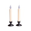Pair of slender cordless LED taper candles with black bases and amber flickering flames, designed for safe window display and holiday decor in lamps and lighting collections.