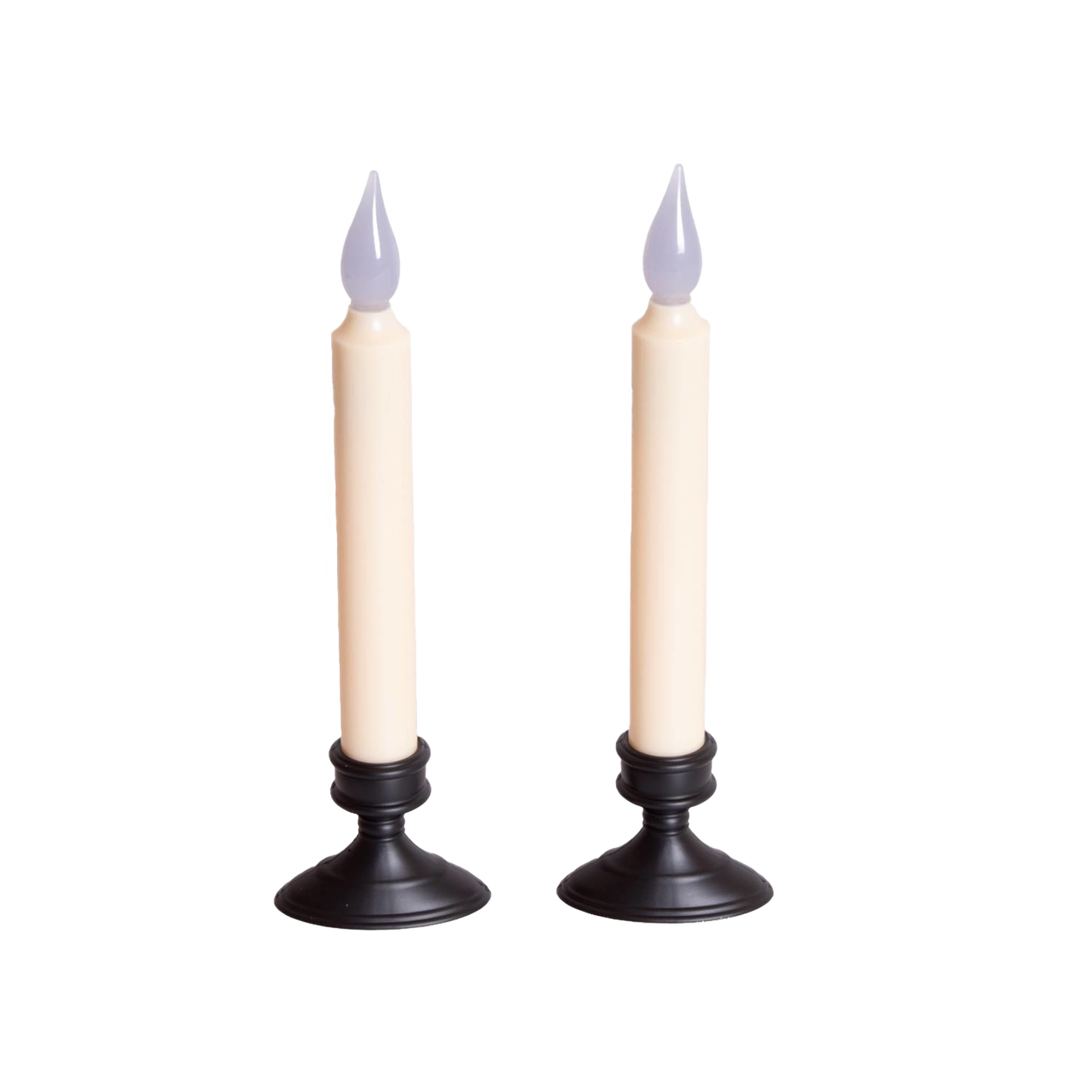 Pair of slender cordless LED taper candles with black bases and amber flickering flames, designed for safe window display and holiday decor in lamps and lighting collections.