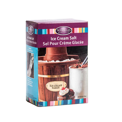Box of specialty rock salt designed for ice cream making, featuring vintage-style graphics and ideal for Kitchen & Food, Specialty Equipment, and Making Ice Cream collections.