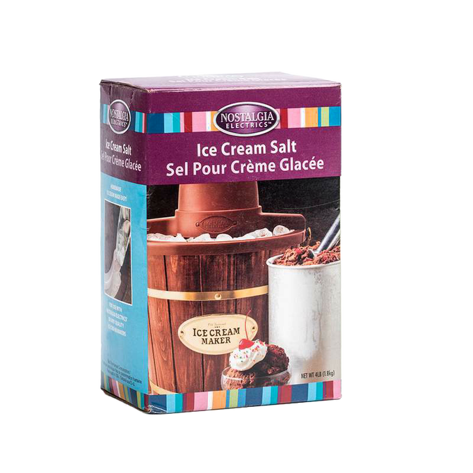 Box of specialty rock salt designed for ice cream making, featuring vintage-style graphics and ideal for Kitchen & Food, Specialty Equipment, and Making Ice Cream collections.