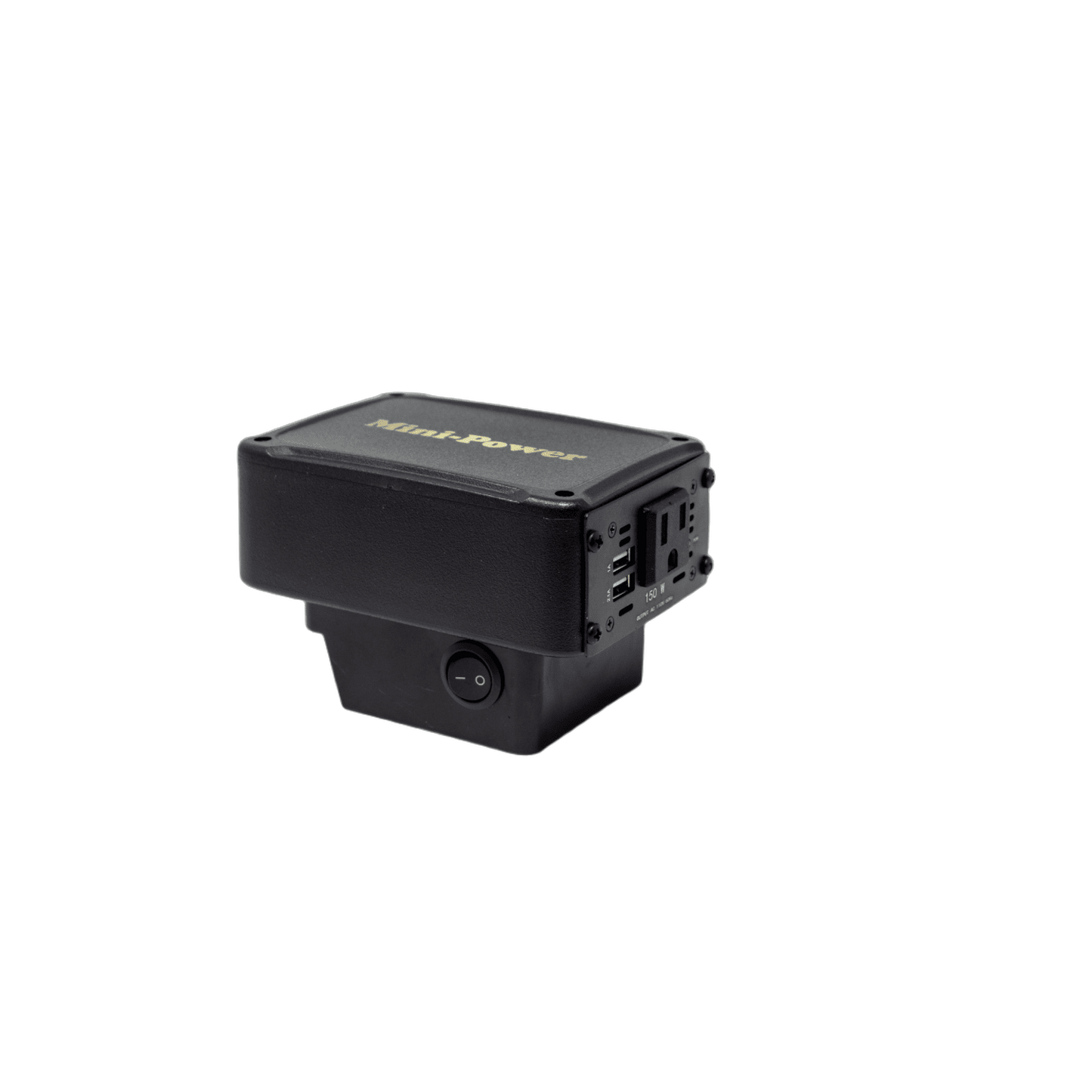 Compact black power inverter with one standard 110V outlet and USB ports, designed for convenient portable energy in farm, garden, emergency supplies, and homesteading use.