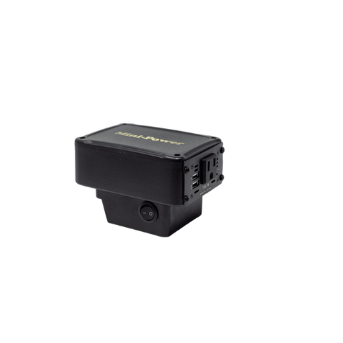 Compact black power inverter with one standard 110V outlet and USB ports, designed for convenient portable energy in farm, garden, emergency supplies, and homesteading use.