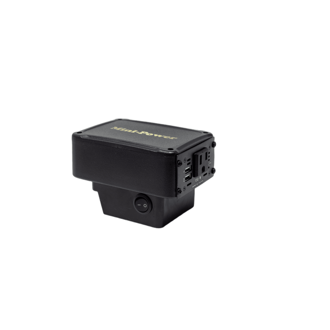 Compact black power inverter with one standard 110V outlet and USB ports, designed for convenient portable energy in farm, garden, emergency supplies, and homesteading use.