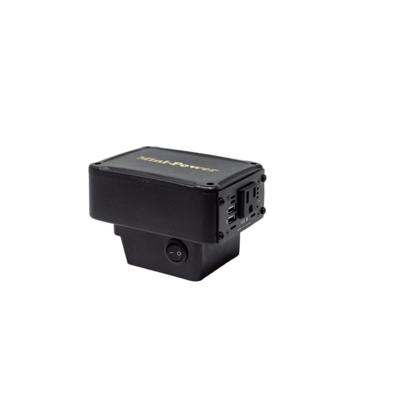 Compact black power inverter with one standard 110V outlet and USB ports, designed for convenient portable energy in farm, garden, emergency supplies, and homesteading use.