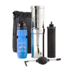 Compact and lightweight polished stainless steel water filtration system with black filter element, blue sport bottle, pump attachment, and storage bag, ideal for camping and emergency supplies.