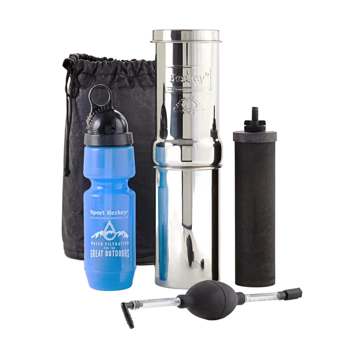 Compact and lightweight polished stainless steel water filtration system with black filter element, blue sport bottle, pump attachment, and storage bag, ideal for camping and emergency supplies.