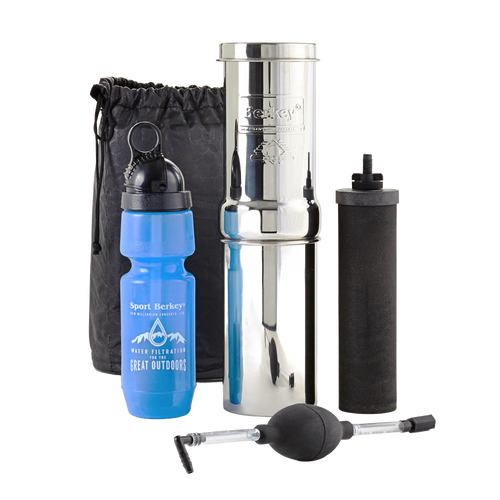 Compact and lightweight polished stainless steel water filtration system with black filter element, blue sport bottle, pump attachment, and storage bag, ideal for camping and emergency supplies.