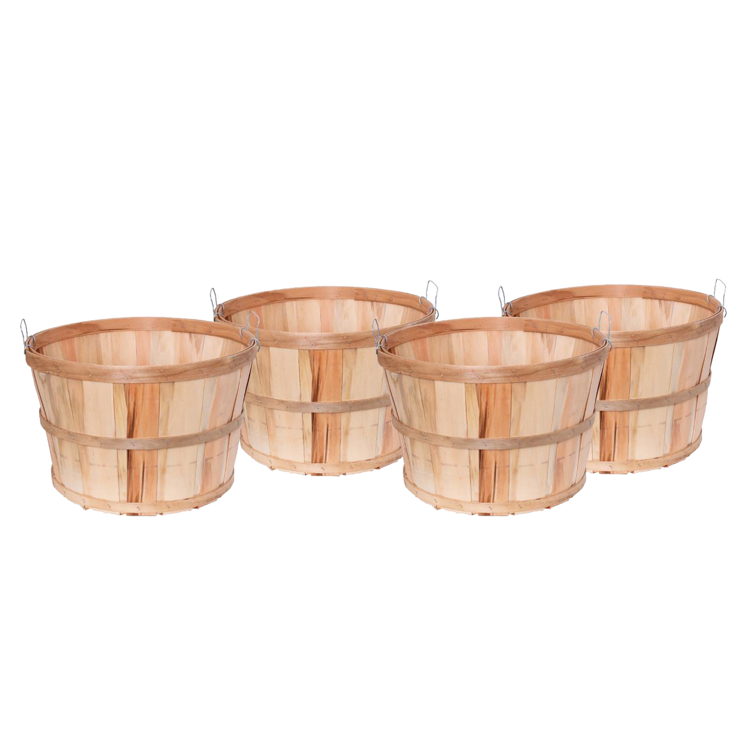 Set of four handcrafted Old-Time bushel baskets made from untreated poplar wood with metal wire accents, perfect for Farm, Garden & Tool, Garden Accessories, USA Made, and Best Sellers collections.
