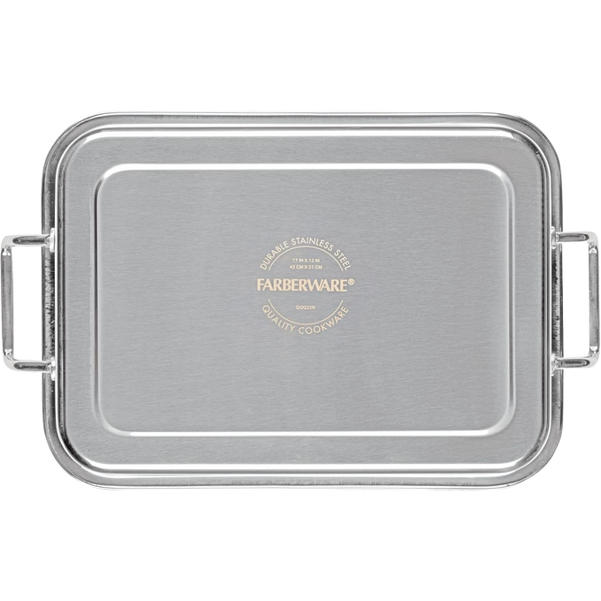 Rectangular stainless steel roaster lid with side handles, featuring durable construction and embossed logo, suitable for Kitchen & Food, Cookware, Pots and Pans, Best Sellers, and Promo Eligible collections.
