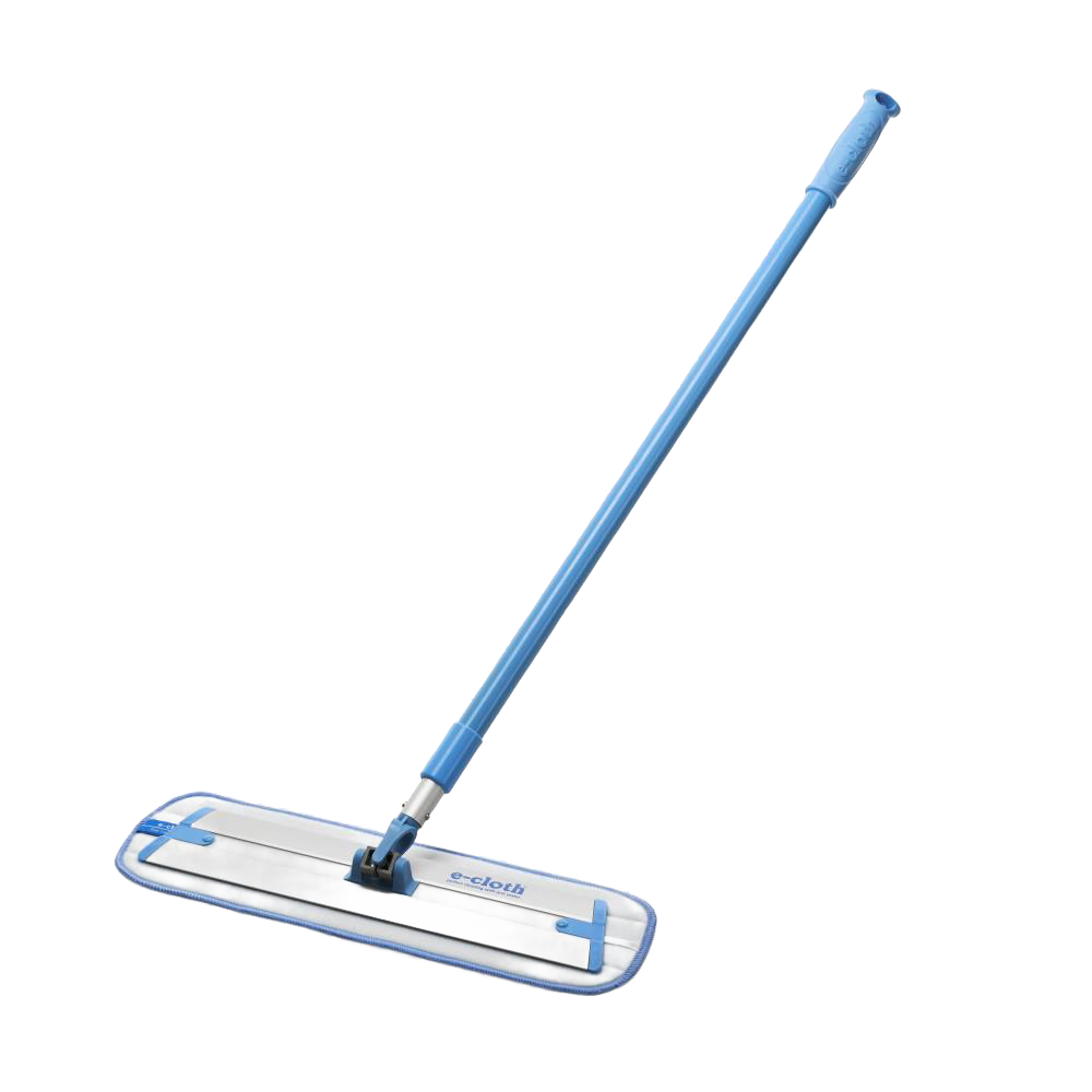 Lightweight floor mop with telescopic blue handle and wide microfiber cleaning pad, designed to remove dirt, grease, and bacteria from hard surfaces, featured in Home & Decor and Household Cleaning collections.
