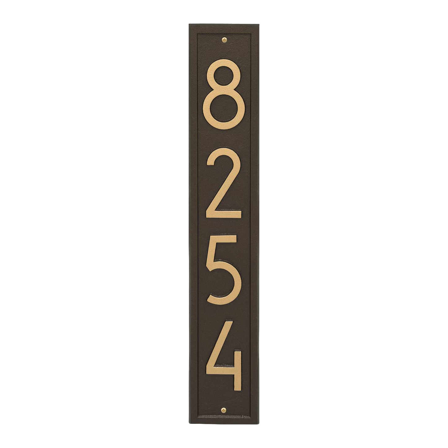 Vertical custom wall plaque in aged bronze with contemporary numbers for address display, handcrafted in USA, perfect for adding curb appeal in Home & Decor and Mailbox collections.