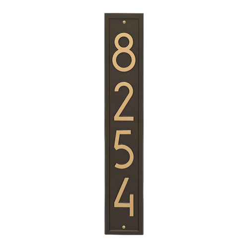 Vertical custom wall plaque in aged bronze with contemporary numbers for address display, handcrafted in USA, perfect for adding curb appeal in Home & Decor and Mailbox collections.