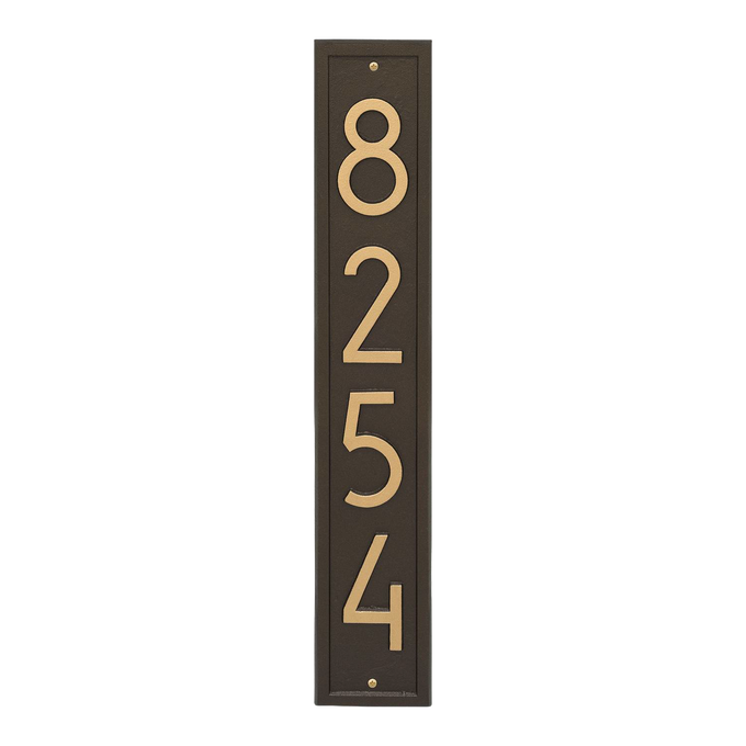 Vertical custom wall plaque in aged bronze with contemporary numbers for address display, handcrafted in USA, perfect for adding curb appeal in Home & Decor and Mailbox collections.