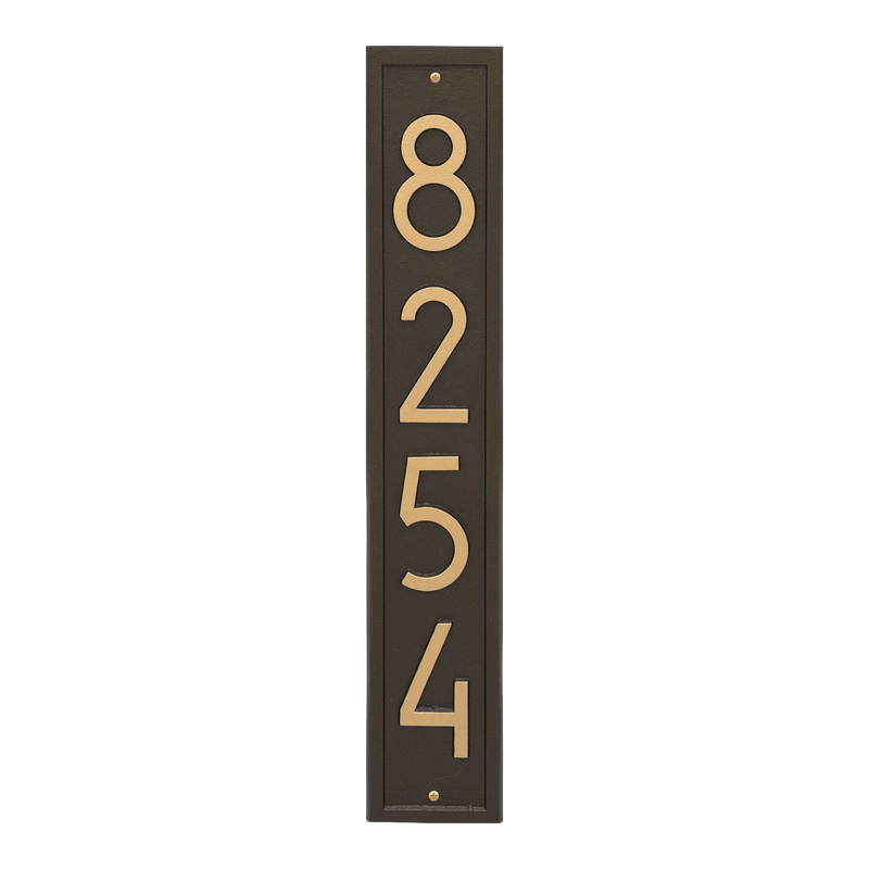 Vertical custom wall plaque in aged bronze with contemporary numbers for address display, handcrafted in USA, perfect for adding curb appeal in Home & Decor and Mailbox collections.