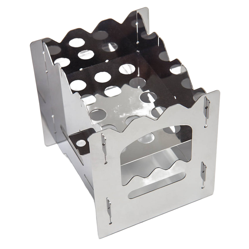 Compact stainless steel camping stove with open ventilation holes and foldable design, ideal for Farm, Garden & Tool, Camping, Emergency Supplies, and Best Sellers collections.