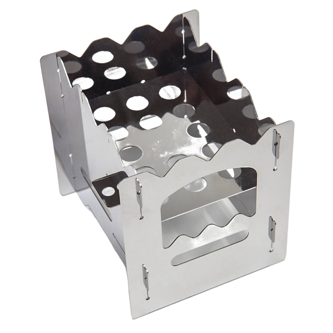 Compact stainless steel camping stove with open ventilation holes and foldable design, ideal for Farm, Garden & Tool, Camping, Emergency Supplies, and Best Sellers collections.