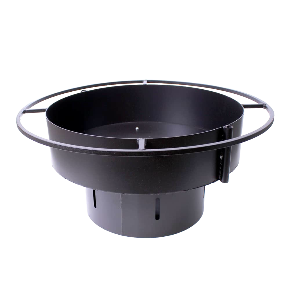 Sturdy black metal fire pit bowl with outer ring guard and ventilation slots, handcrafted and Amish made, ideal for Farm, Garden & Tool and Camping collections.