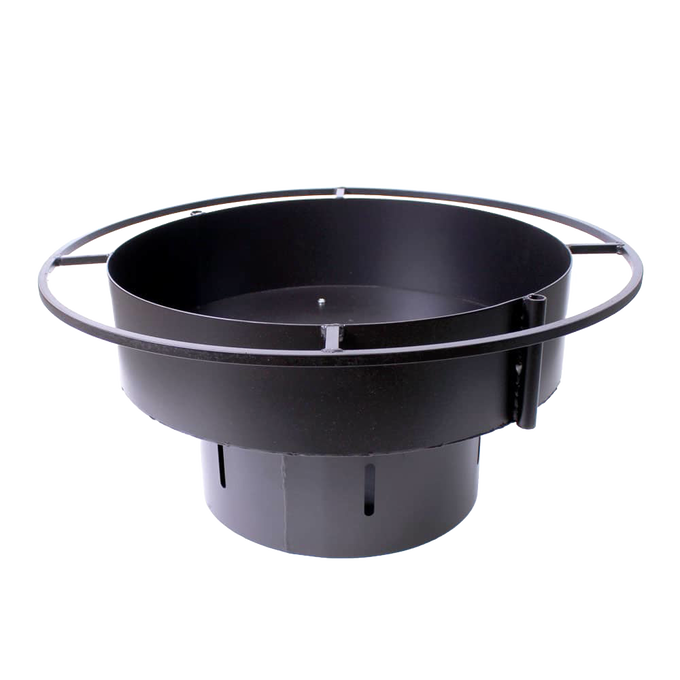 Sturdy black metal fire pit bowl with outer ring guard and ventilation slots, handcrafted and Amish made, ideal for Farm, Garden & Tool and Camping collections.