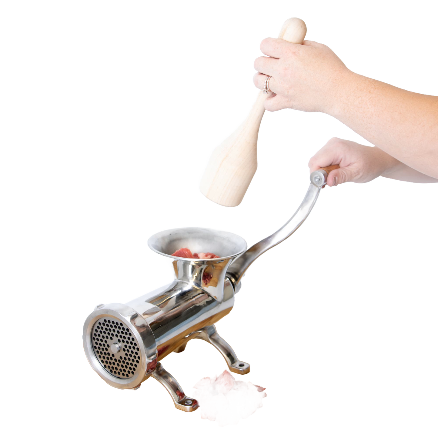 Handcrafted smoothly sanded hardwood stomper used to safely push fresh meat into a shiny metal grinder, featured in Kitchen & Food, Specialty Equipment, Butchering Supplies, USA Made, Amish Made, and Best Sellers collections.