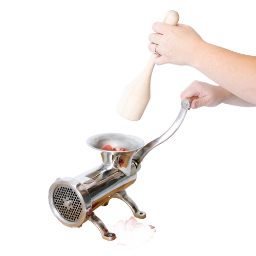 Handcrafted smoothly sanded hardwood stomper used to safely push fresh meat into a shiny metal grinder, featured in Kitchen & Food, Specialty Equipment, Butchering Supplies, USA Made, Amish Made, and Best Sellers collections.