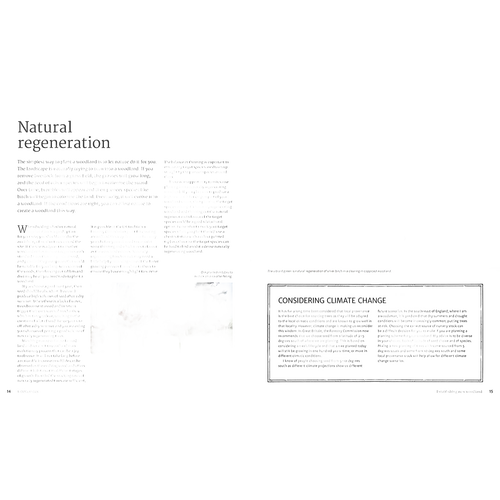 Two-page spread from a comprehensive guide on small woodland management, featuring detailed text, a photograph of outdoor woodland trees and plants, and a boxed section discussing climate change, styled in an instructional layout suitable for home and garden enthusiasts.