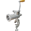 Hand-cranked manual meat grinder with clamp-on base and wooden handle, featuring two grinding plates for medium and coarse textures, ideal for Kitchen & Food and Butchering Supplies.