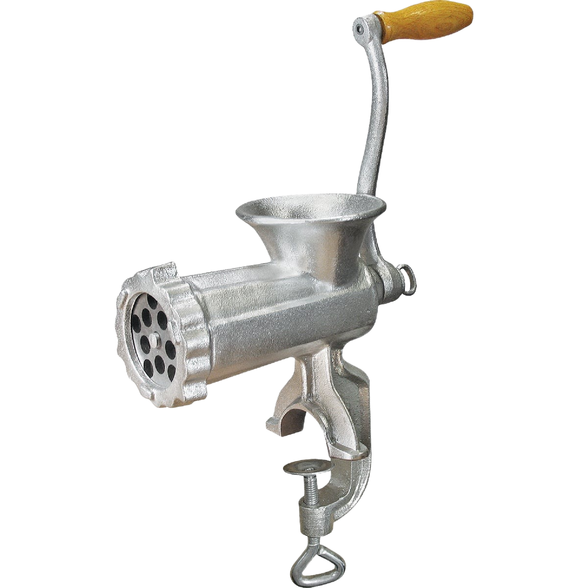 Hand-cranked manual meat grinder with clamp-on base and wooden handle, featuring two grinding plates for medium and coarse textures, ideal for Kitchen & Food and Butchering Supplies.