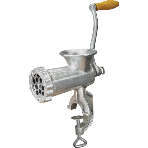 Hand-cranked manual meat grinder with clamp-on base and wooden handle, featuring two grinding plates for medium and coarse textures, ideal for Kitchen & Food and Butchering Supplies.