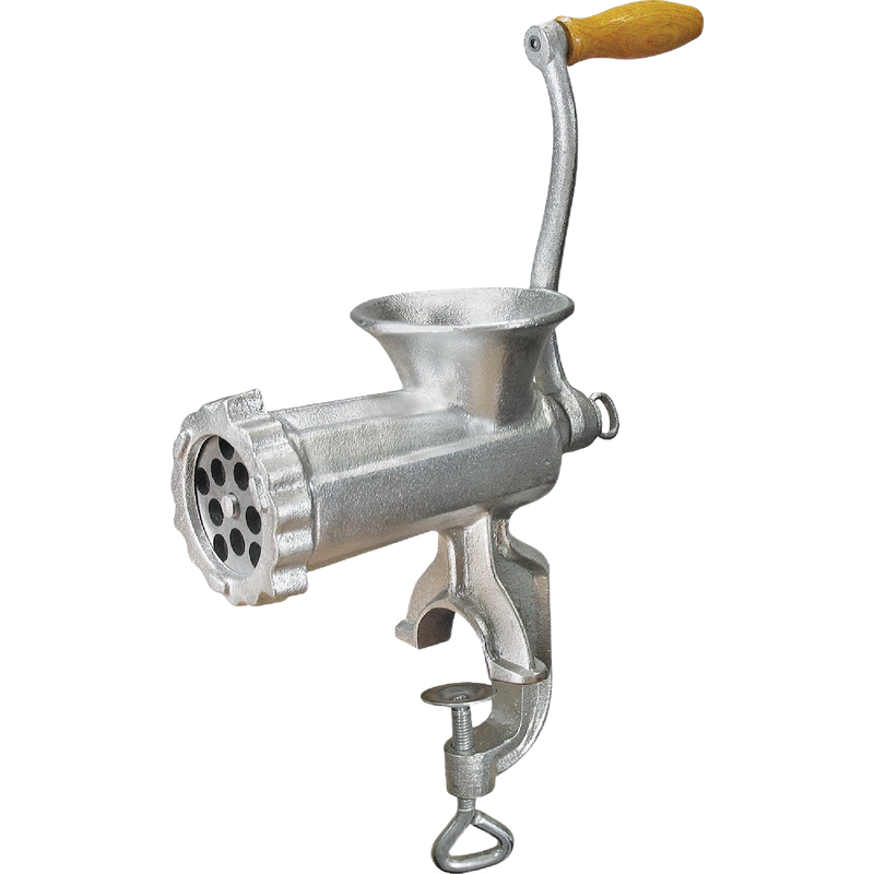 Hand-cranked manual meat grinder with clamp-on base and wooden handle, featuring two grinding plates for medium and coarse textures, ideal for Kitchen & Food and Butchering Supplies.