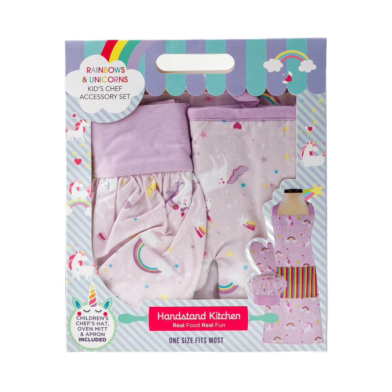 Rainbow and unicorn-themed kids chef set featuring a pastel purple apron, oven mitt, and chef hat in a colorful boxed gift set for Kitchen & Food, Children's Toys, and Arts and Crafts collections.
