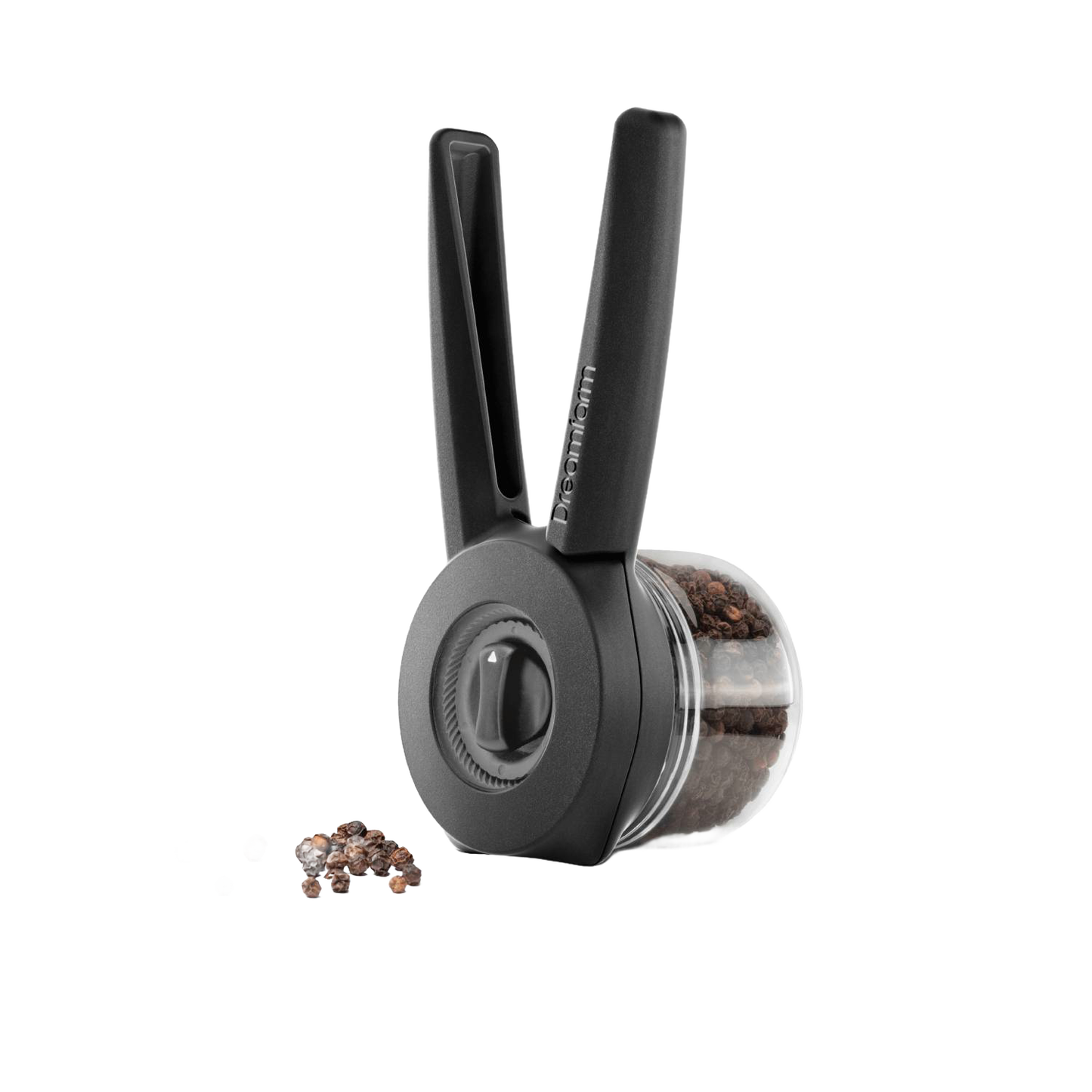 Black and clear handheld spice mill with adjustable grind dial and ergonomic handles, shown with whole peppercorns, designed for Kitchen & Food, Dinnerware, and Best Sellers collections.