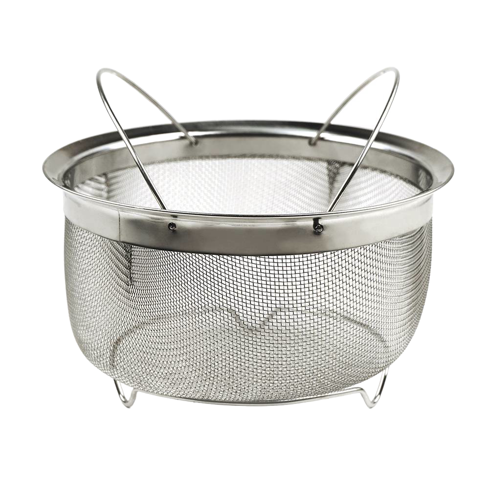 Stainless steel mesh basket with folding handles and feet designed for steaming, straining, and frying in electric pressure cookers, featured in Kitchen & Food, Cookware, and Best Sellers collections.