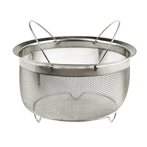 Stainless steel mesh basket with folding handles and feet designed for steaming, straining, and frying in electric pressure cookers, featured in Kitchen & Food, Cookware, and Best Sellers collections.
