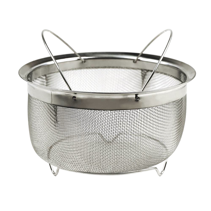 Stainless steel mesh basket with folding handles and feet designed for steaming, straining, and frying in electric pressure cookers, featured in Kitchen & Food, Cookware, and Best Sellers collections.