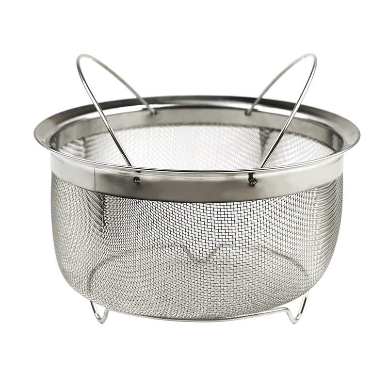 Stainless steel mesh basket with folding handles and feet designed for steaming, straining, and frying in electric pressure cookers, featured in Kitchen & Food, Cookware, and Best Sellers collections.